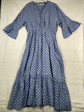 Ro's Garden Bohemian Blue Floral Cotton Maxi Dress Size XL